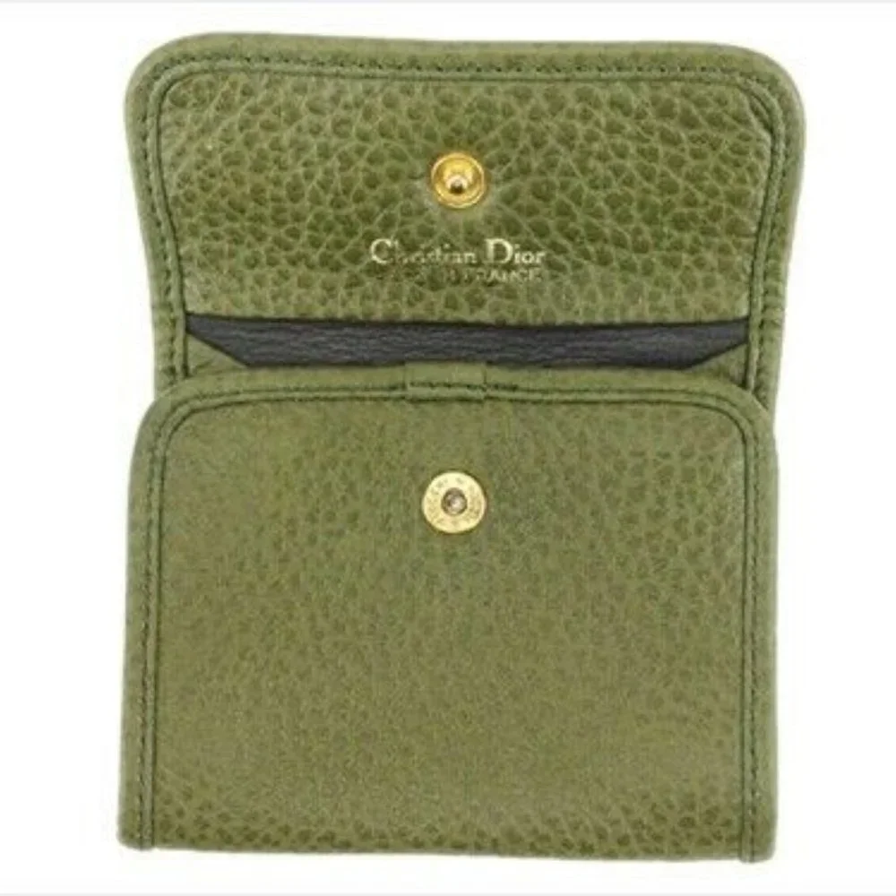 Dior Coin Purse Green Beige Gold leather Woman unisex Authentic Used T9388